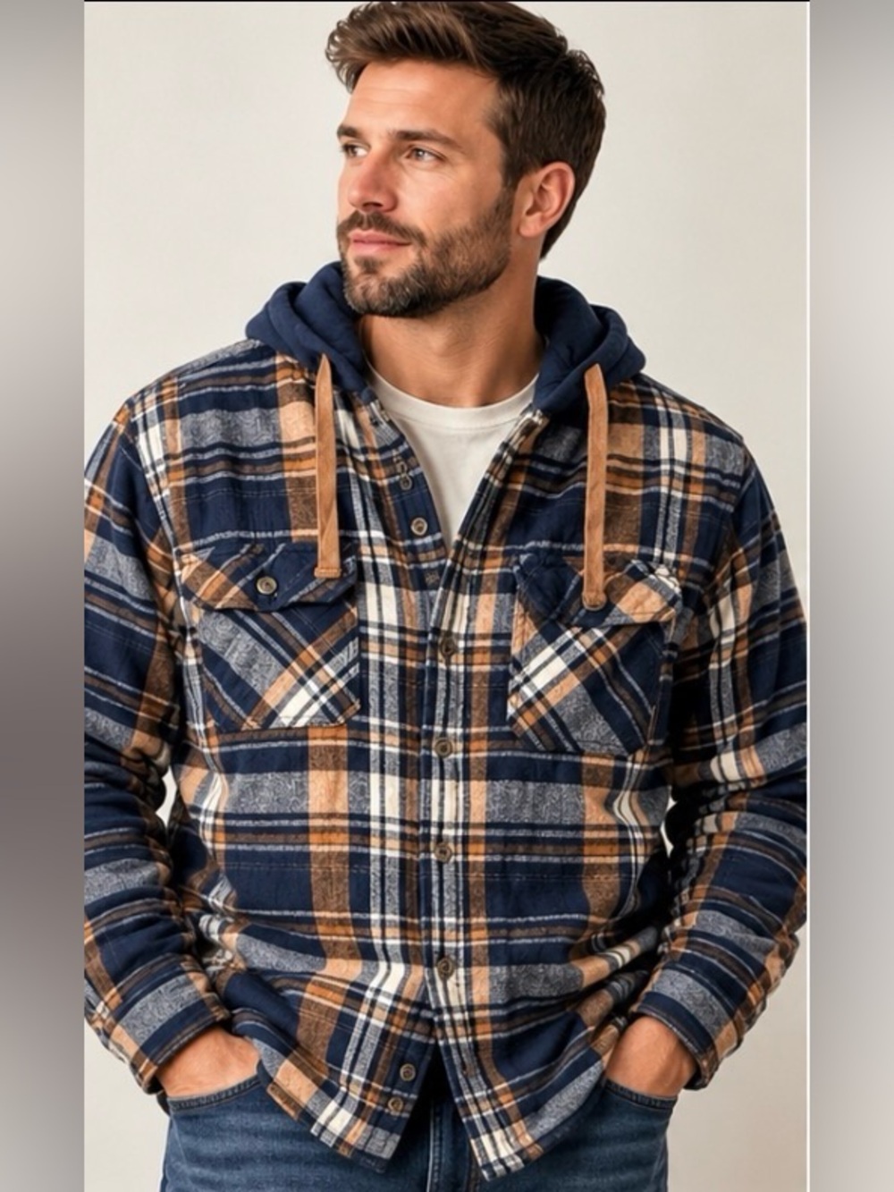 Legendary Outfitters Men’s Medium Plaid Hooded Flannel Jacket Quilted Lined Navy